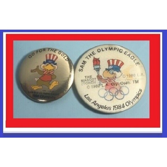 1984 Los Angeles OLYMPICS, 2 Buttons ,Sam The Eagle Mascot  & Moving Star logo - Picture 1 of 4